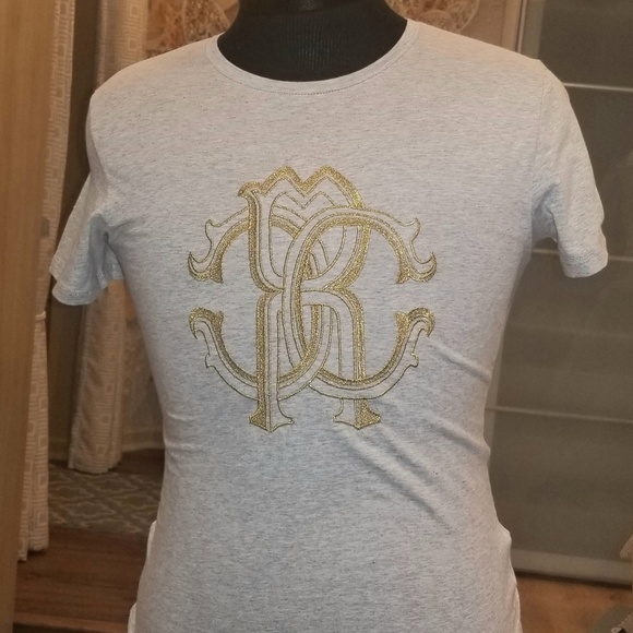 Roberto Cavalli Tops - Cavalli grey cotton T-shirt gold embroidery logo L